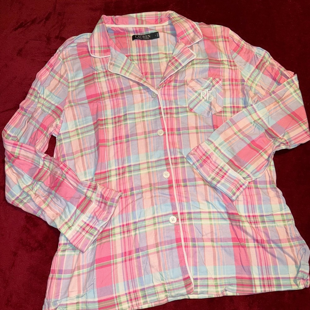 Lauren Ralph Lauren Pink Plaid Pajama Set Womens Large Button Down Sleepwear - Picture 2 of 8
